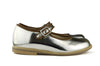Manuela de Juan Girls Metallic Silver Mary Jane with Brown Piping Manuela de Juan Girls Metallic Silver Mary Jane with Brown Piping