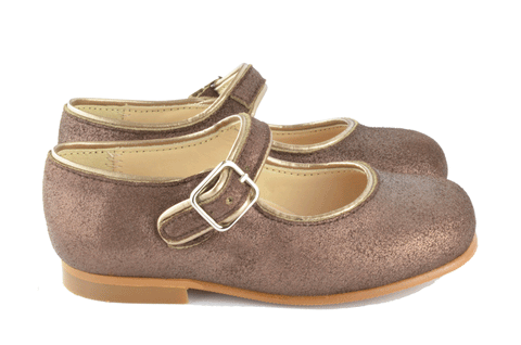 Eli1957 Girls Shimmer Brown Mary Jane with Gold Piping