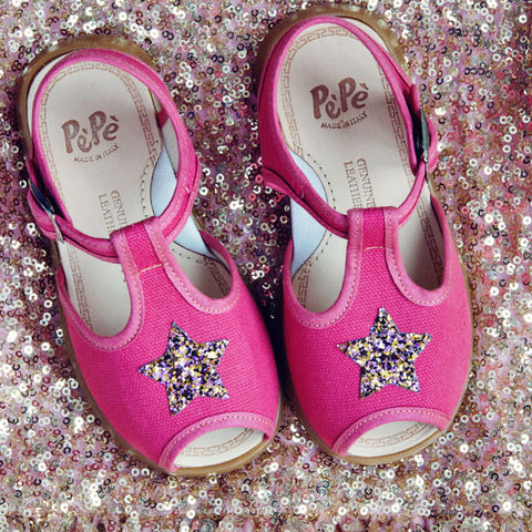 Pèpè Pink Linen Sandal with Glitter Star