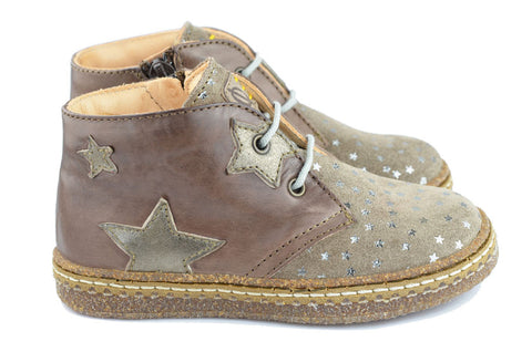 Ocra Girls Light Brown Suede Taupe Ankle Boot with Silver Stars